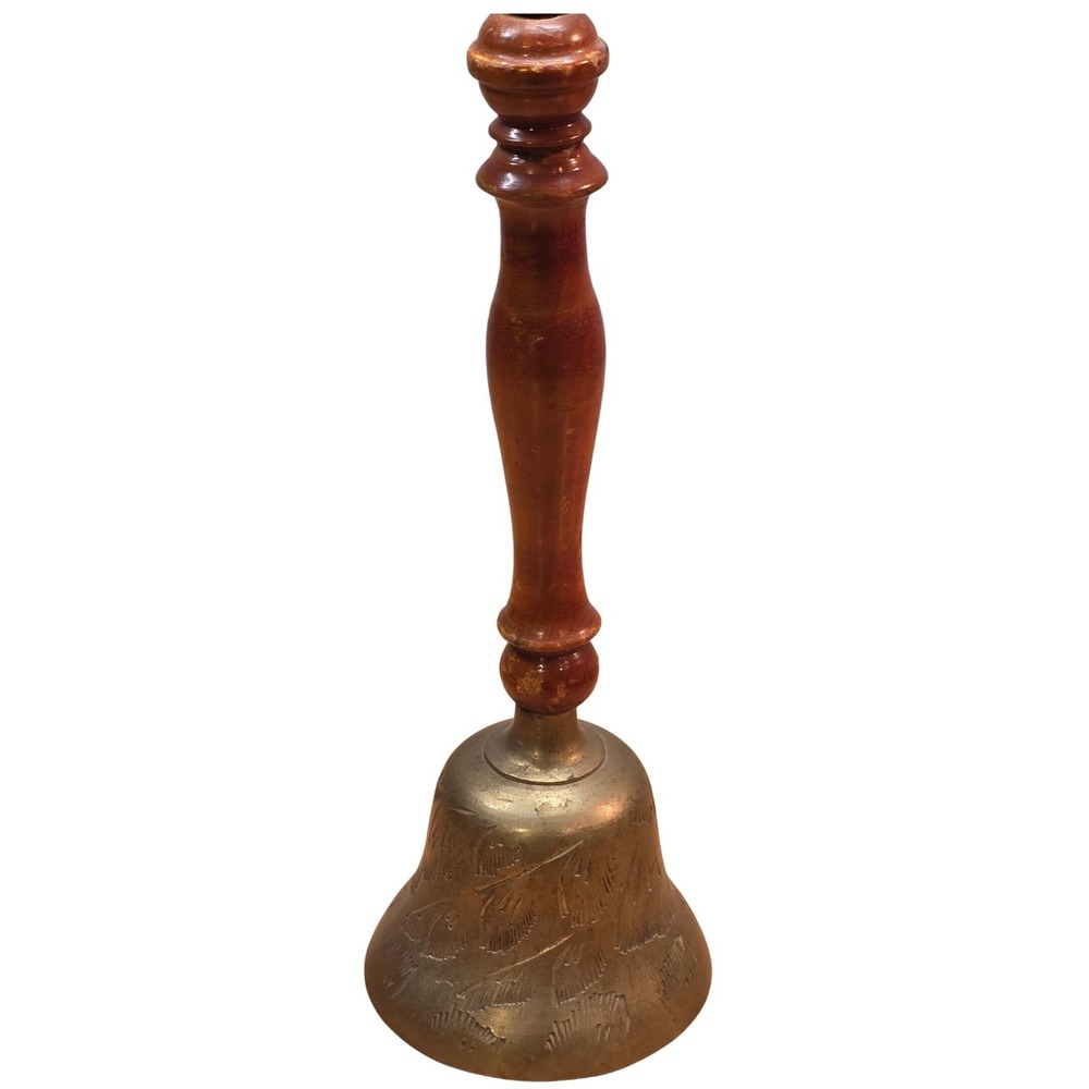 Vintage Brass Etched Hand Bell (see video) Wooden Handle 8" Teacher‎